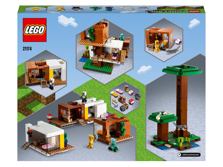LEGO Minecraft Set mit Baumhaus, Turm und Haus.