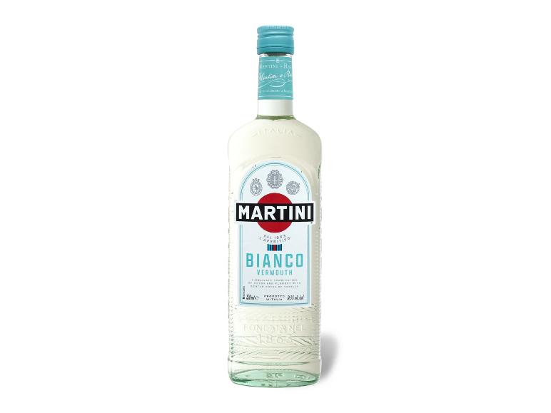 Flasche Martini Bianco Wermut mit weißem Etikett und blauem Verschluss.