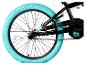Hinterrad und Antrieb eines schwarzen BMX-Fahrrads mit türkisfarbenen Reifen.