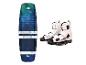 Blau-grünes Wakeboard mit weißen und schwarzen Bindungen.