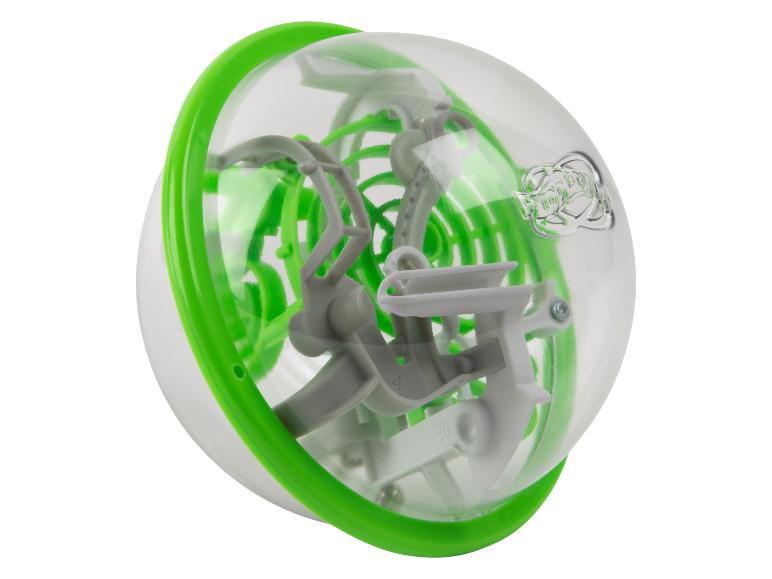 Perplexus-Stil 3D-Labyrinth-Puzzleball mit grünen und weißen Bahnen in einer transparenten Kugel.
