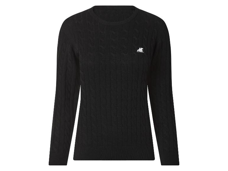 Schwarzer Zopfstrickpullover mit Rundhalsausschnitt und kleinem weißem gesticktem Logo.