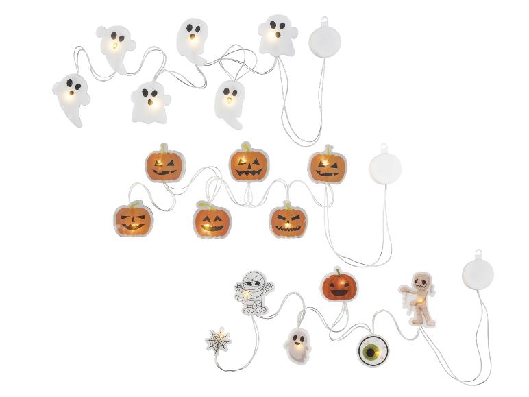 Halloween-Lichterketten mit Geistern, Kürbissen, Mumien und Augen.