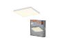 Quadratische LED-Panel-Leuchte und ihre Verpackung, mit warmem Licht und einfacher Montage.