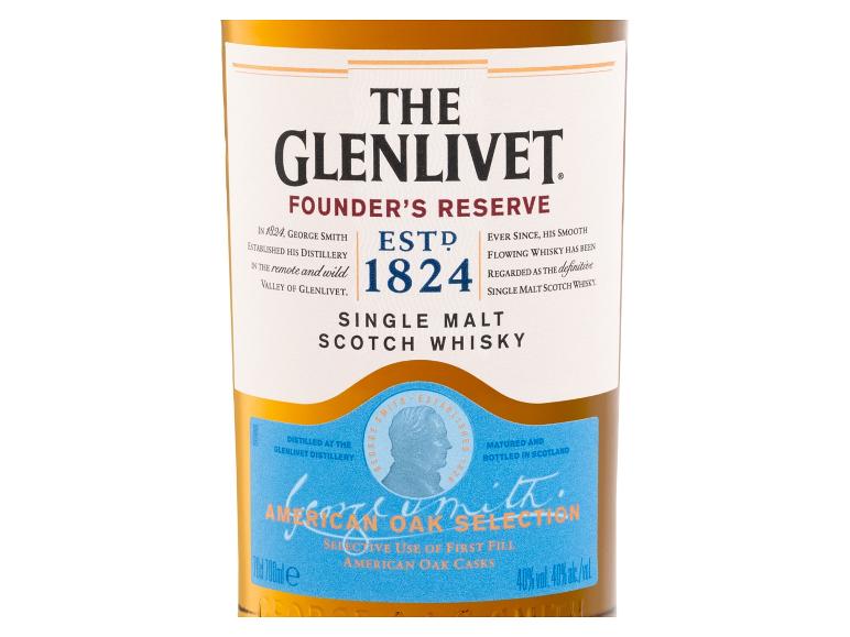 Flasche Single Malt Whisky mit einem weißen und blauen Etikett, das „Founder's Reserve“ anzeigt.