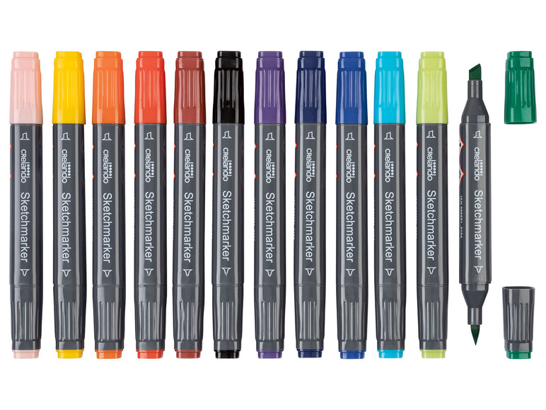Eine Reihe von Crelando Sketchmarker Stiften in verschiedenen Farben.