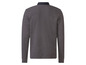 Ein dunkelgraues, gestreiftes Langarm-Poloshirt.