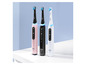 Drei Oral-B iO elektrische Zahnbürsten in Rosa, Schwarz und Weiß.