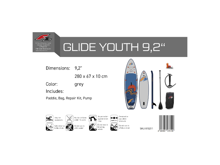 Graues Jugend-SUP-Board mit Paddeln, Tasche, Reparaturset und Pumpe.