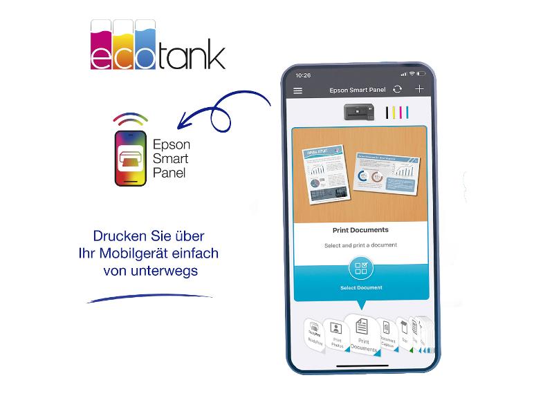 Werbung für Epson EcoTank Drucker und mobile App, zeigt Dokumentendruck vom Smartphone.
