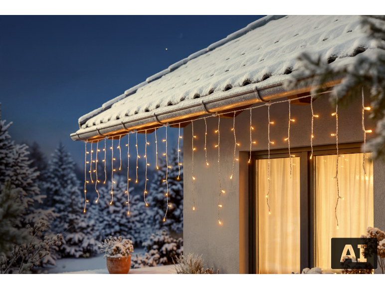 LED-Eiszapfen-Lichterkette an einem verschneiten Haus.