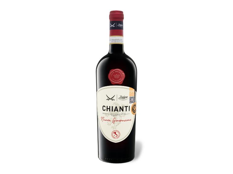 Flasche Rotwein Chianti Deluxe mit Wachssiegel und weißem Etikett.