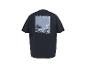 Marineblaues T-Shirt mit Surfer-, Palmen- und Wellenmotiv, mit dem Text „RIDE THE WAVES FEEL THE FLOW“.