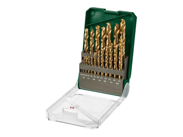 Set goldener Bohrer in grüner und transparenter Box, mit Größen von 1.0 bis 10.0 mm.