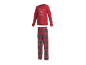 Rotes Langarm-Pyjamaoberteil mit „Let's have breakfast“-Aufdruck und rot karierte Pyjamahose.
