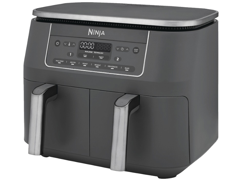 Doppel-Heißluftfritteuse mit DualZone-Technologie, Digitalanzeige und Edelstahlgriffen.
