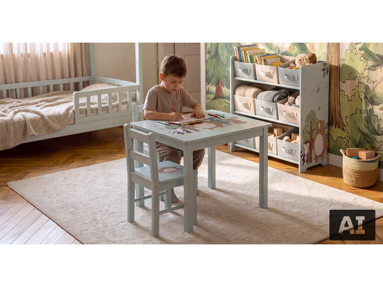 Junge zeichnet an einem Kindertisch mit Stuhl in einem Zimmer mit Bett und Spielzeugregal.