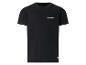 Schwarzes Kurzarm-T-Shirt mit kleinem weißem Logo auf der Brust.