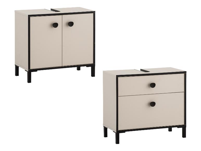 Zwei beige-schwarze Badezimmerschränke, einer mit Doppeltüren und einer mit zwei Schubladen.