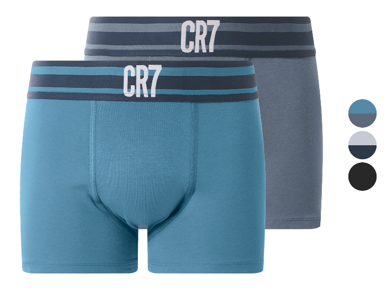 Set aus zwei Herren-Boxershorts, eine blaue und eine graue, mit Streifen am Bund.