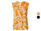 Ärmelloses orangefarbenes Top mit weißem Blättermuster und Farbdetails.