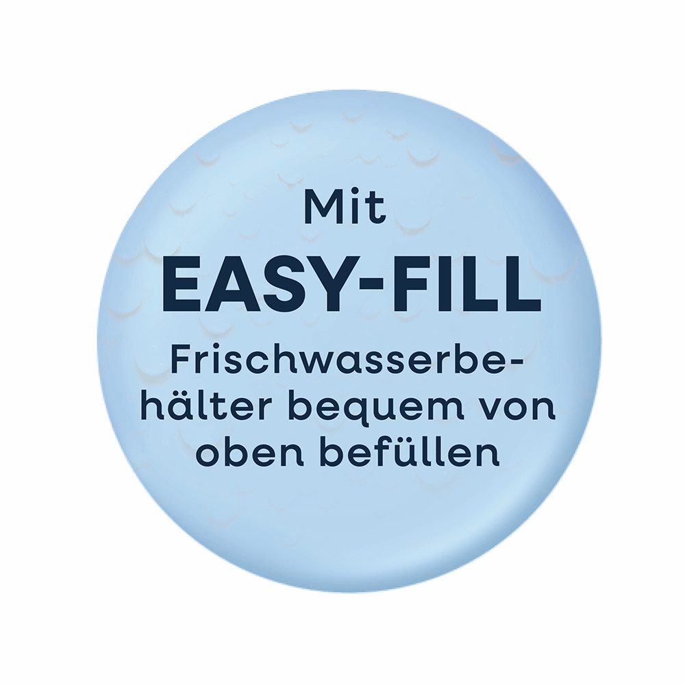 Blaues Siegel: EASY-FILL – Frischwasserbehälter bequem von oben befüllen.