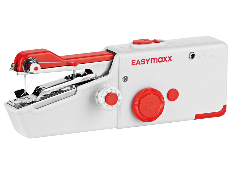 Eine weiße Handnähmaschine von EASYmaxx mit roten Akzenten.