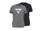 Zwei kurzärmelige Sport-T-Shirts, eines grau mit Bergmotiv und eines schwarz.