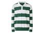Grün-weiß gestreiftes Langarm-Poloshirt mit weißem Kragen und Knöpfen.