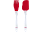 Roter Silikon-Backpinsel und Spatel mit transparenten Griffen.