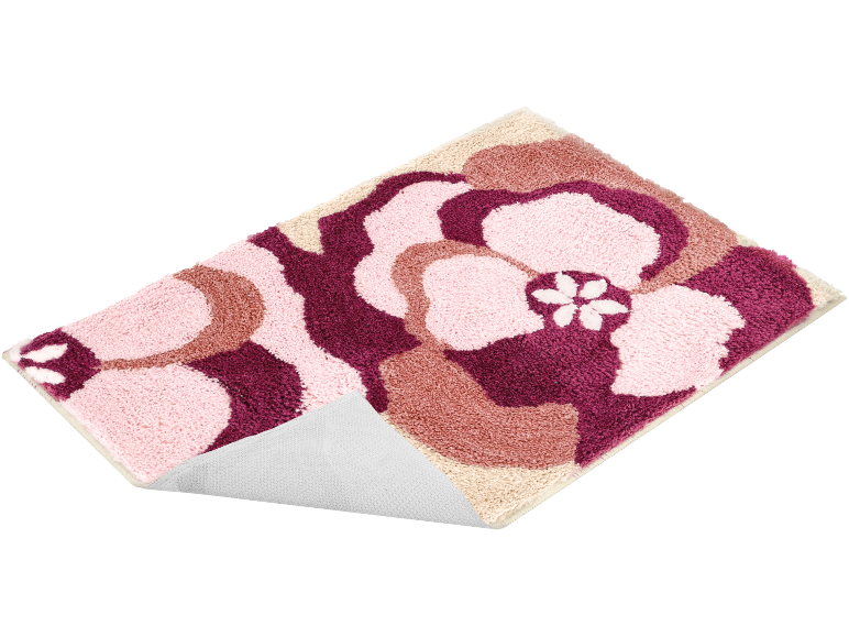 Badezimmermatte mit Blumenmuster in Rosa, Bordeaux und Beige, mit rutschfester Unterseite.