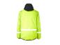 Neon-gelbe Sportjacke mit schwarzer Kapuze und reflektierenden Streifen, Rückansicht.