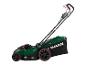 Grüner Parkside Rasenmäher mit schwarzem Fangkorb und roten Details