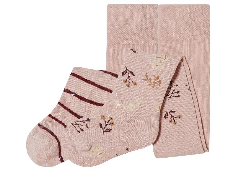 Rosa Baby-Leggings mit Blumenmuster und dunkelroten Streifen.