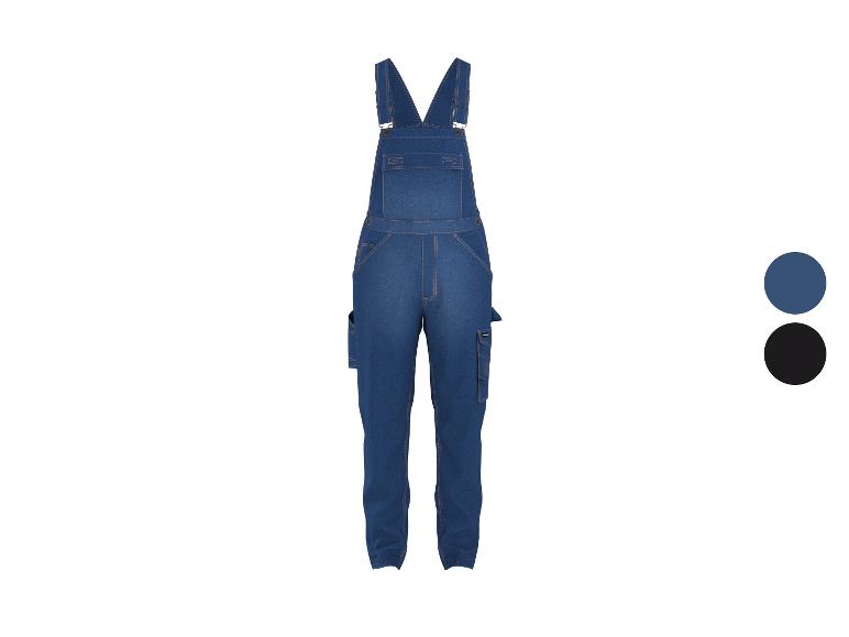 Blaue Jeans-Latzhose mit mehreren Taschen, gezeigt mit Farboptionen.
