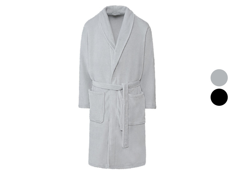 Ein grauer Bademantel mit Gürtel.