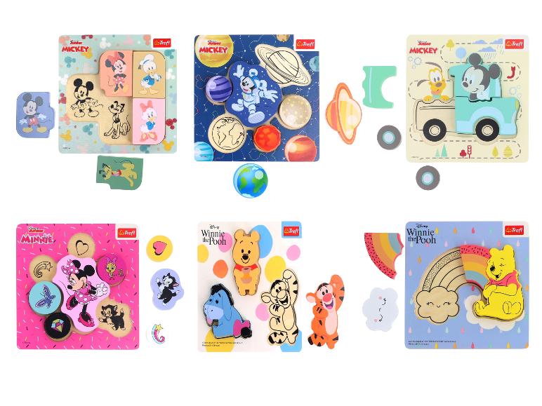 Holzpuzzle von Trefl mit Mickey Mouse, Minnie Mouse und Winnie Puuh.