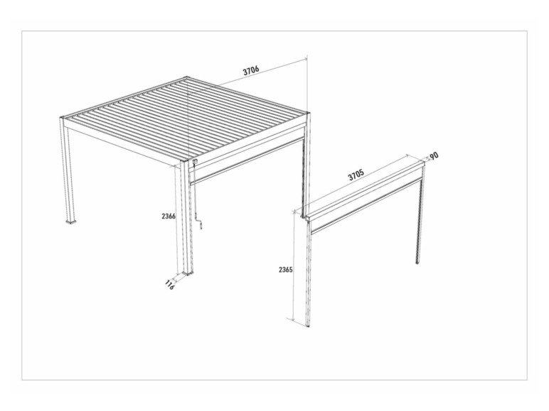 Technische Zeichnung einer Pergola mit Abmessungen.