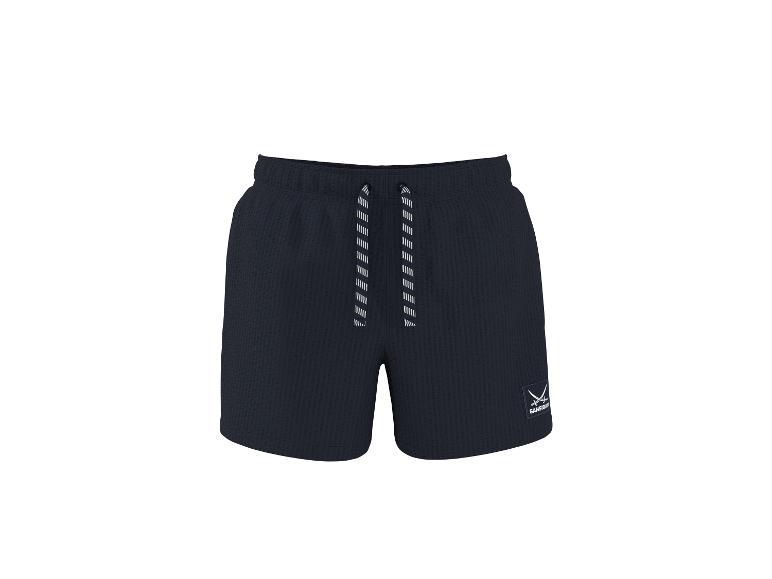 Dunkelblaue Herren-Shorts mit Waffelstruktur und weißen Kordelzügen.