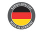 Ein graues rundes Label mit der deutschen Flagge und dem Text 'Made in Germany'.
