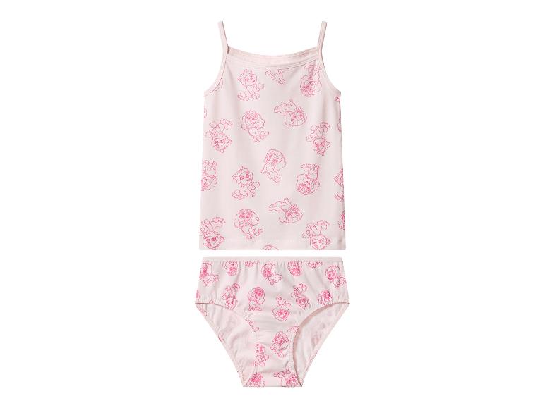 Rosa Kinderunterwäsche-Set mit Trägerhemd und Slip mit Welpenmuster.