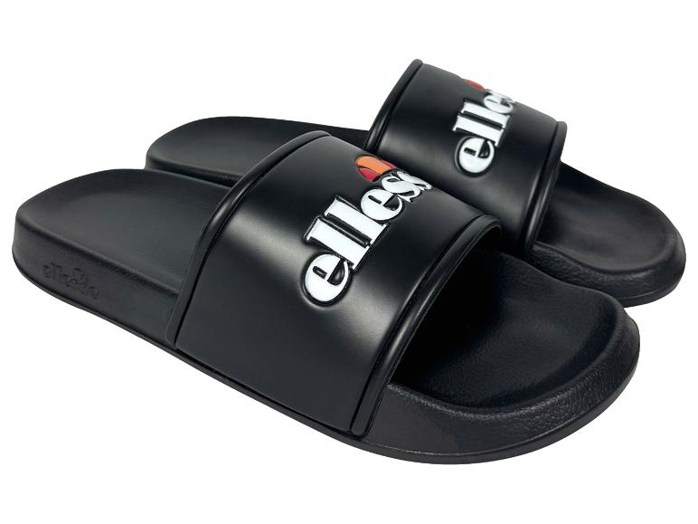 Schwarze Ellesse Herren-Slides mit Logo auf dem Riemen.