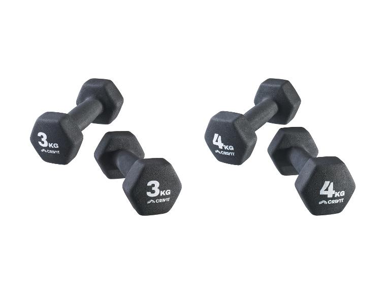 Zwei Paare schwarzer Hanteln, ein 3 kg und ein 4 kg Paar.