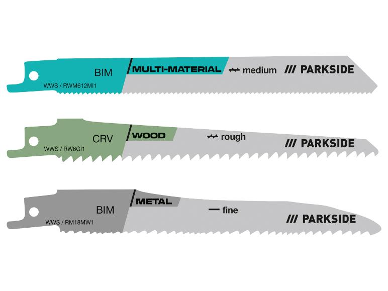 Drei Säbelsägeblätter: Multimaterial (mittel), Holz (grob) und Metall (fein).