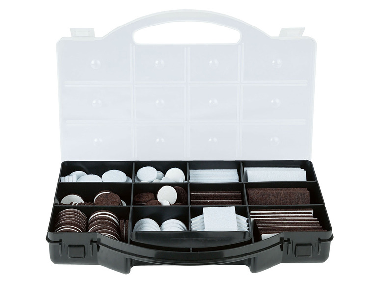 Eine Box mit runden und quadratischen Filzgleitern.