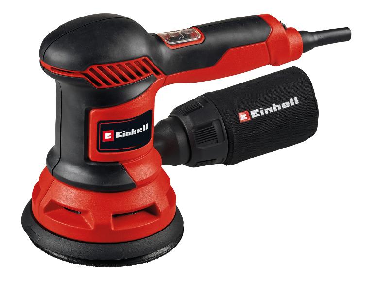 Rot-schwarzer Exzenterschleifer mit Staubfangbeutel.