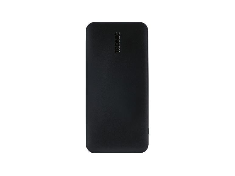 Schwarze TRONIC Powerbank mit abgerundeten Kanten auf weißem Hintergrund