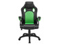 Ein schwarzer und grüner Gaming-Stuhl mit Armlehnen.