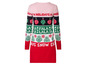 Ein rot-weiß-grünes Weihnachtspullover-Kleid mit Weihnachtskugeln und dem Schriftzug 'Days Snow Days'.