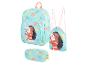 Moana Rucksack, Turnbeutel und Federmäppchen in türkisem Blumenmuster.